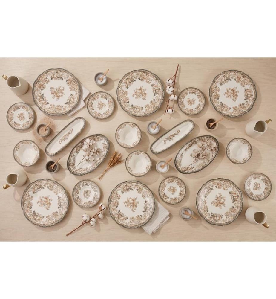 Service à petit-déjeuner, 20 pièces, blanc, marron, 100 % porcelaine