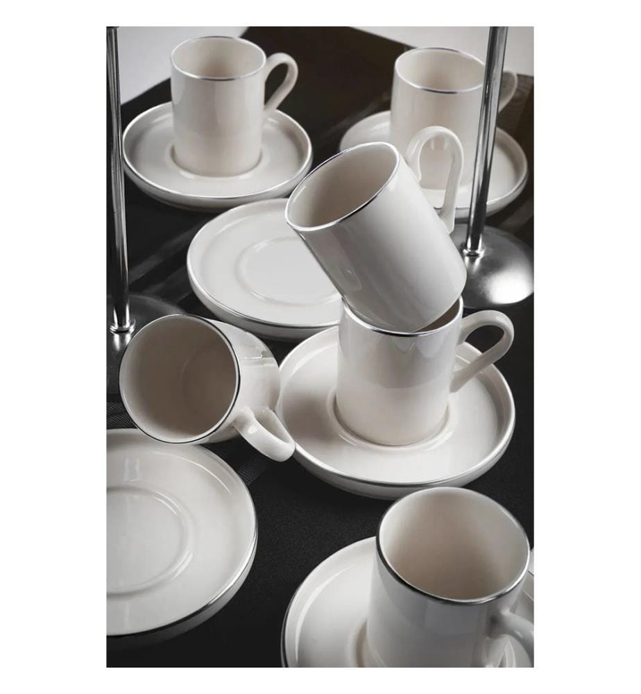 Service à café, 12 pièces, blanc, argent, 100 % porcelaine