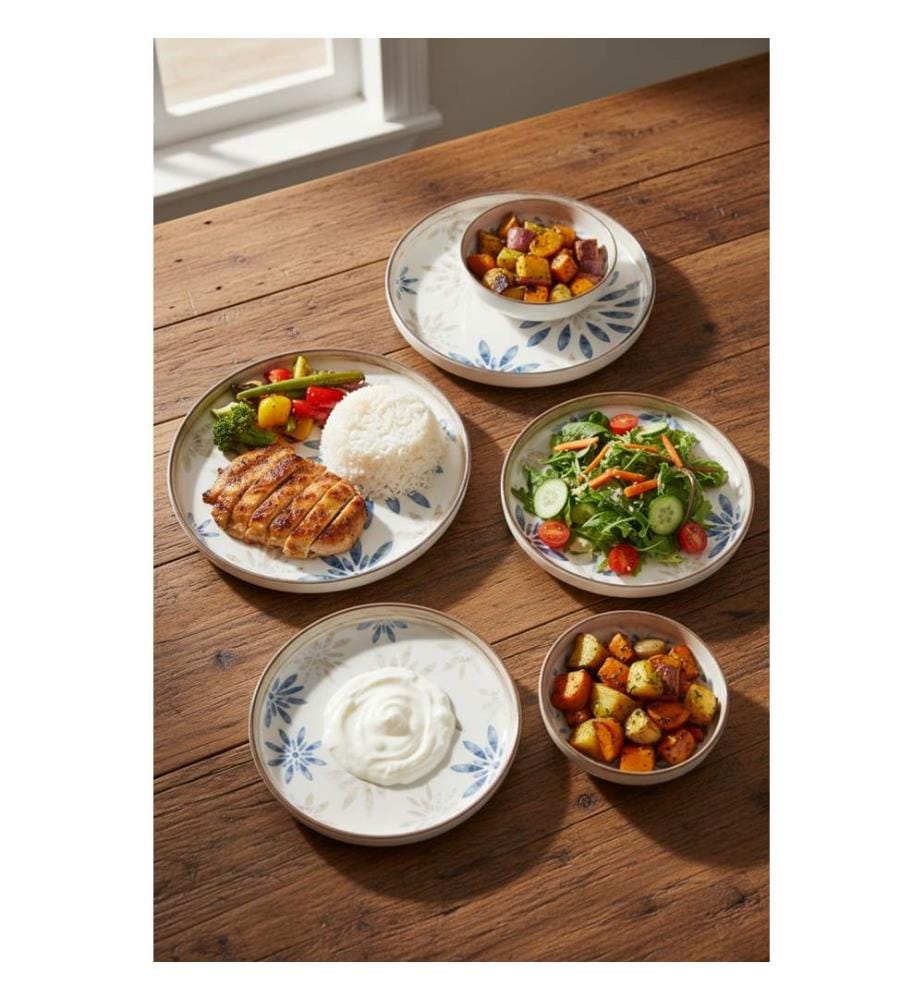 Service de table 24 pièces, blanc, crème, marron, bleu, 100 % porcelaine