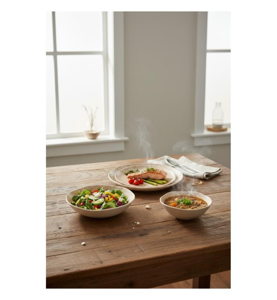 Service de table 24 pièces, blanc, marron, crème, 100 % porcelaine