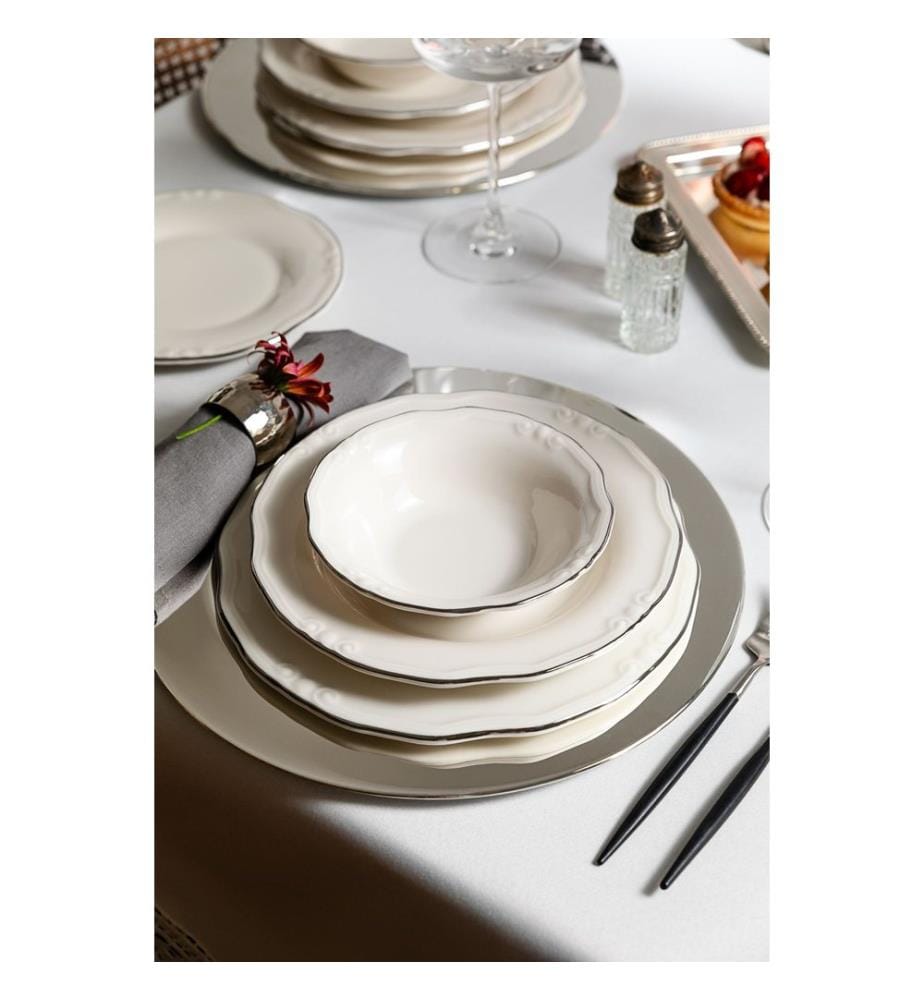 Service de table 24 pièces, blanc et argent, 100 % porcelaine