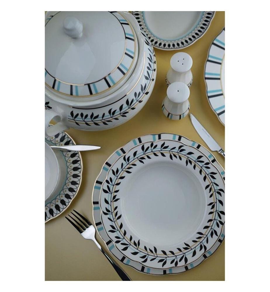 Service de table 62 pièces, blanc, noir, turquoise, 100 % porcelaine