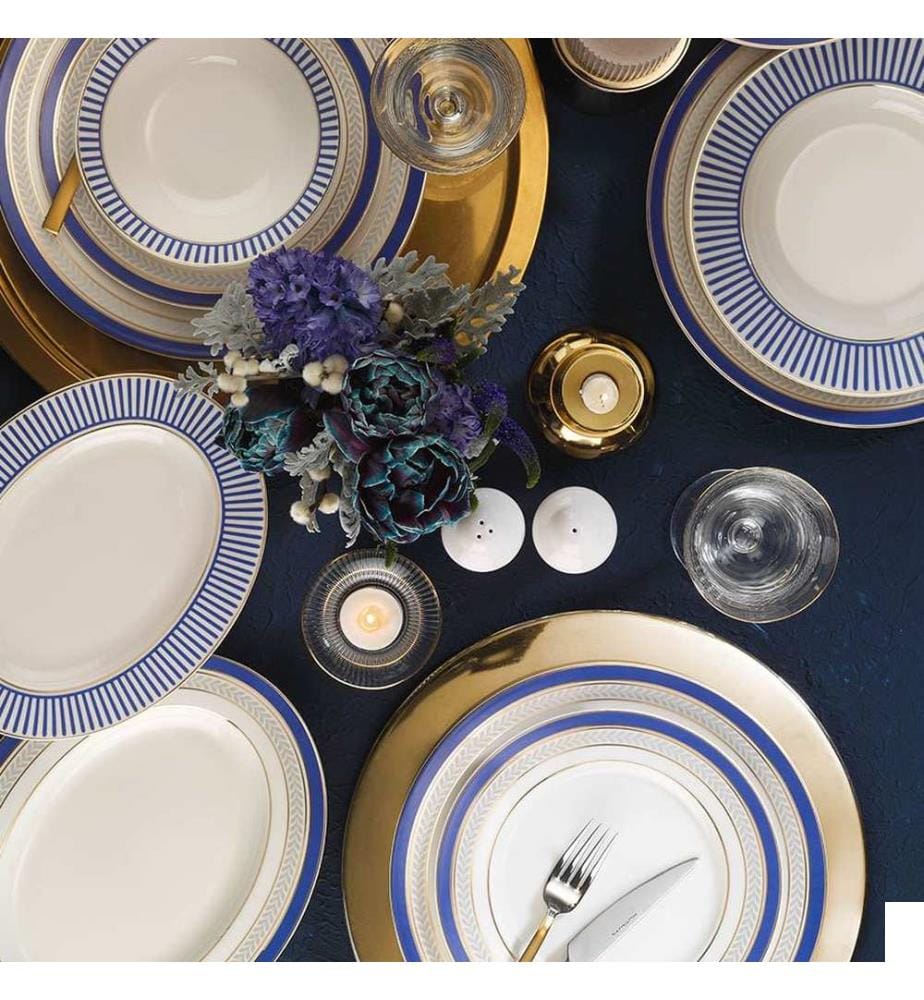 Service de table, 53 pièces, blanc et bleu, 100 % porcelaine