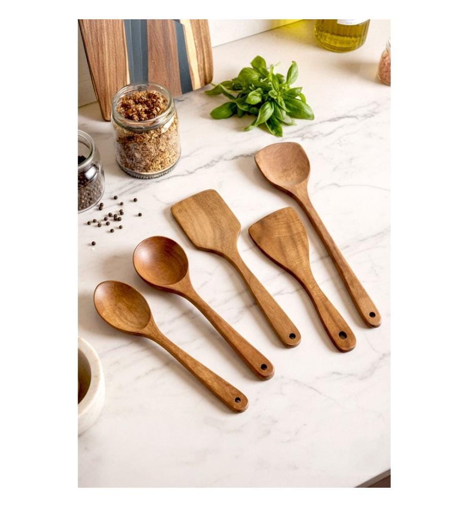 Service de table 5 pièces, noyer naturel, 100 % acacia
