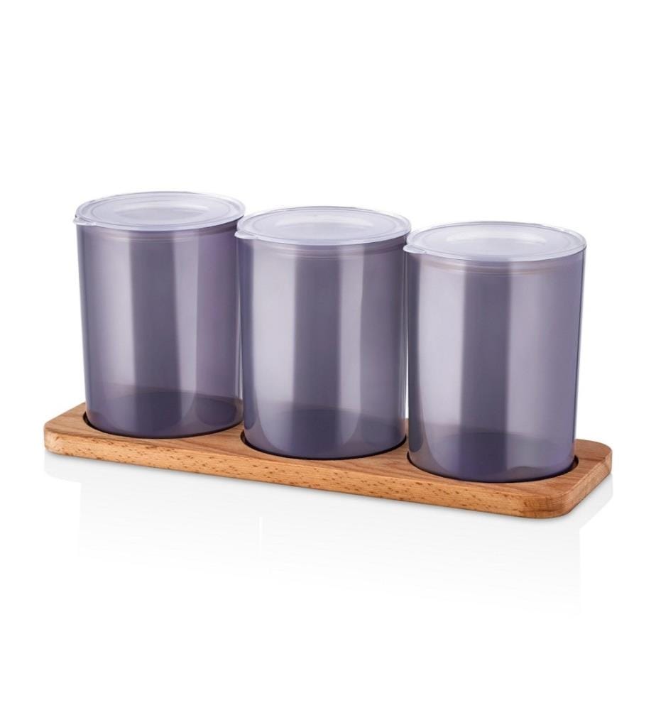 Set de bocaux, 7 pièces, en bois, violet, bocal en plastique, support en bois