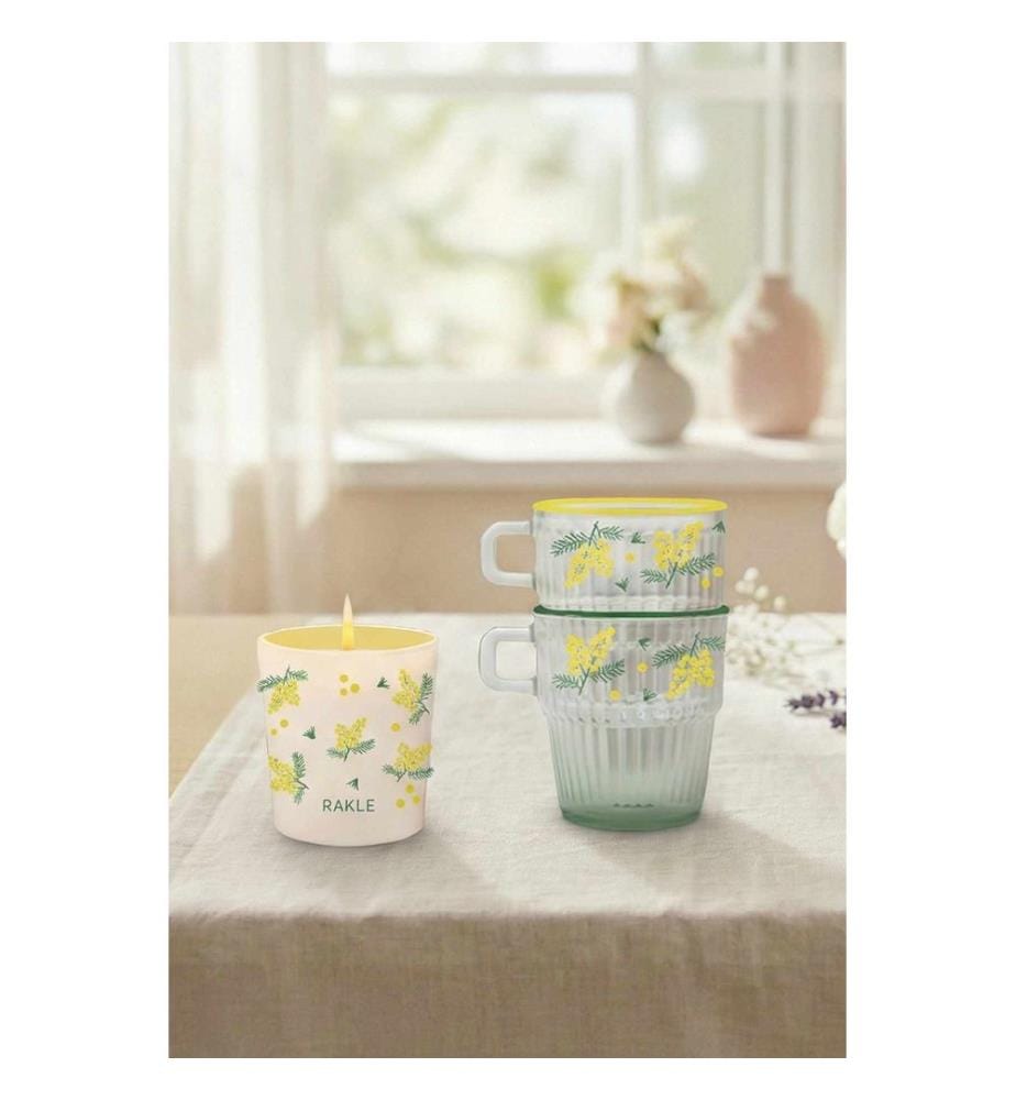 Ensemble tasse et bougie, 100 % verre, crème, jaune, vert