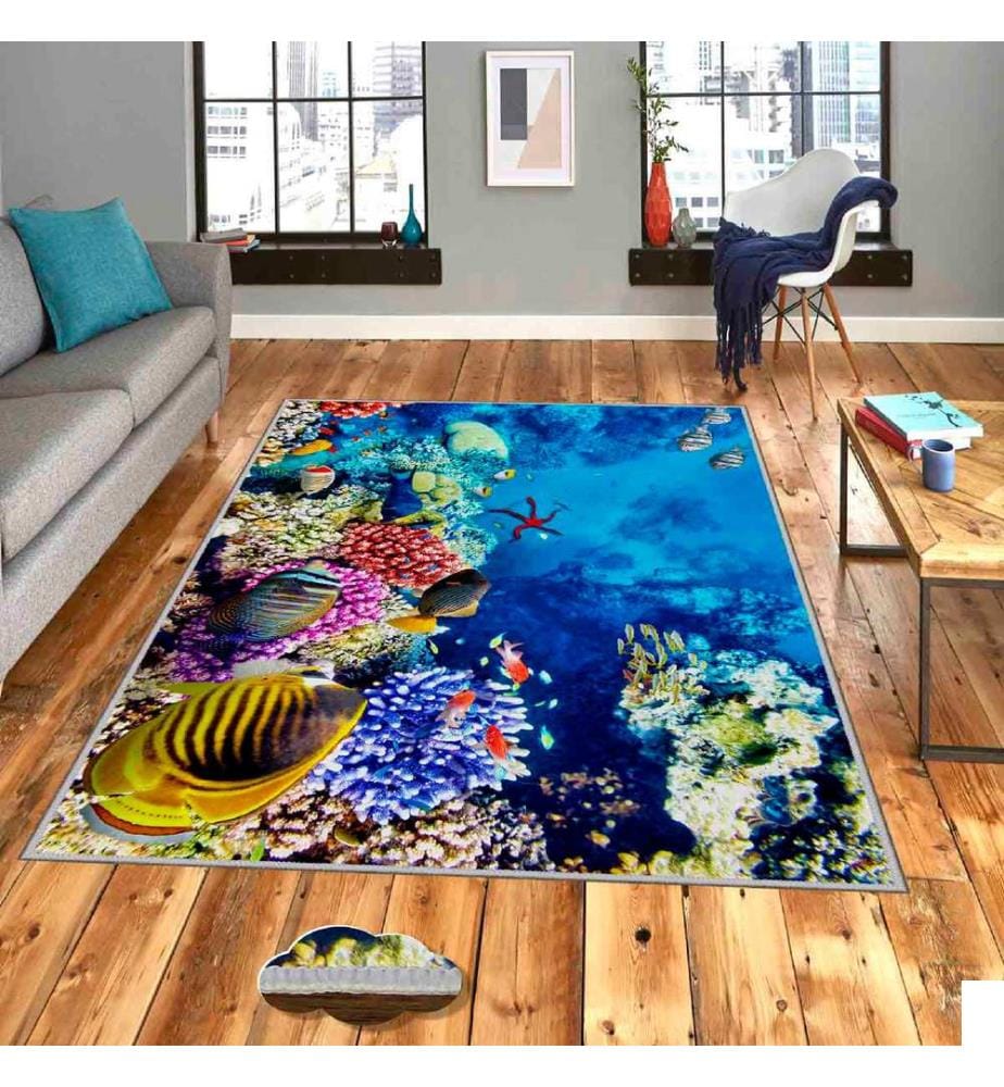 Tapis, bleu, corail, jaune, rouge, 100% polyester, 60 x 100 cm