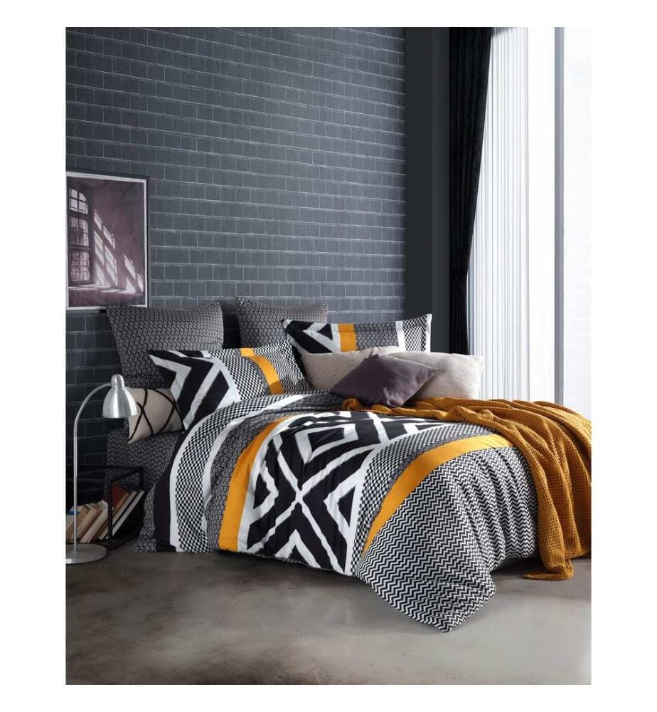 Parure de lit Satin King, FR, 100 % satin de coton, noir, blanc, moutarde