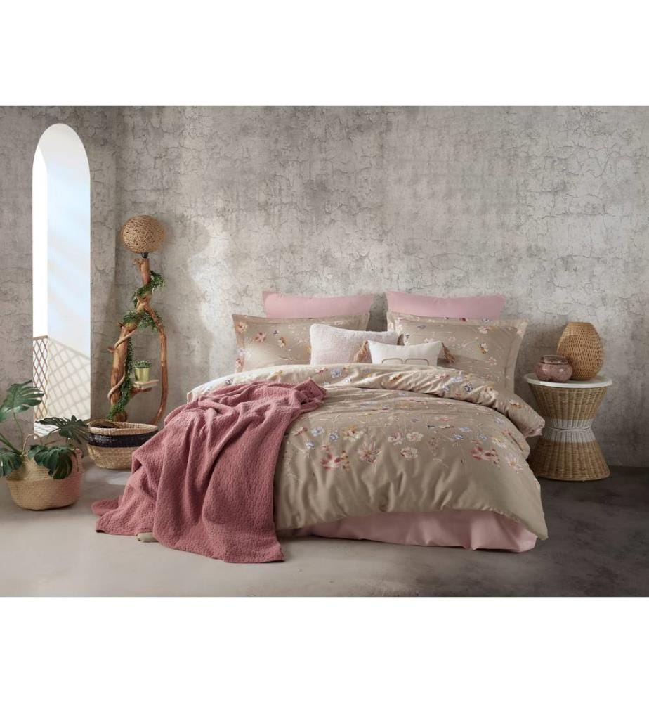 Housse de couette en satin King, FR, 100 % coton satiné, rose et beige