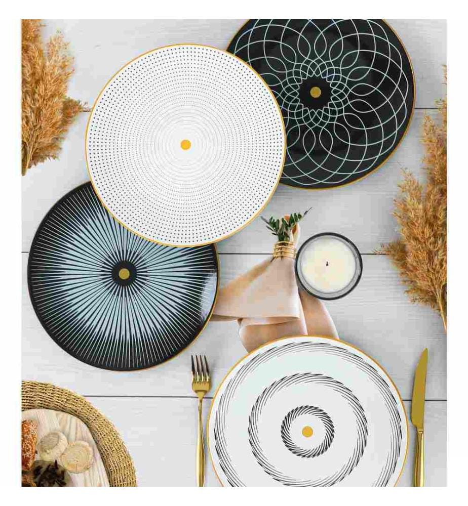 Set d'assiettes de service, 4 pièces, blanc, noir, 100% céramique, antibactérien