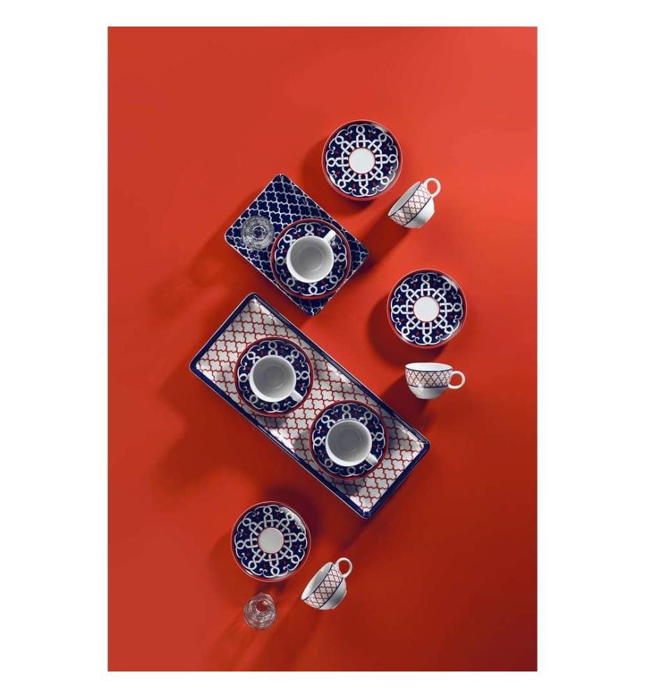 Set de tasses à café, 12 pièces, bleu foncé rouge blanc, porcelaine