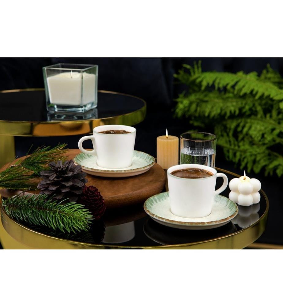 Set de tasses à café, 12 pièces, vert, blanc, 100% Porcelain
