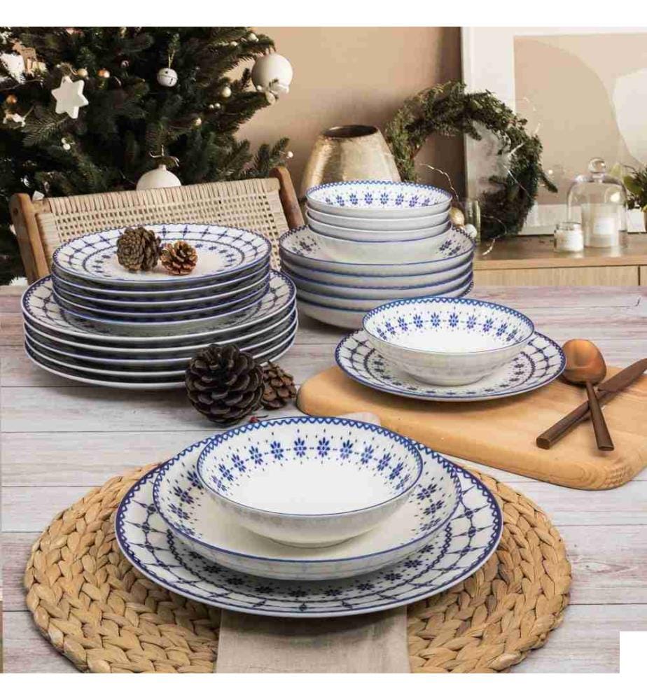 Service de table, 24 pièces, blanc, bleu, porcelaine