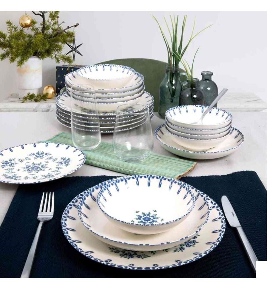 Service de table, 24 pièces, blanc, bleu, porcelaine
