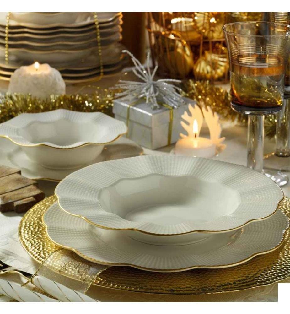 Service de table, 24 pièces, crème, or, porcelaine