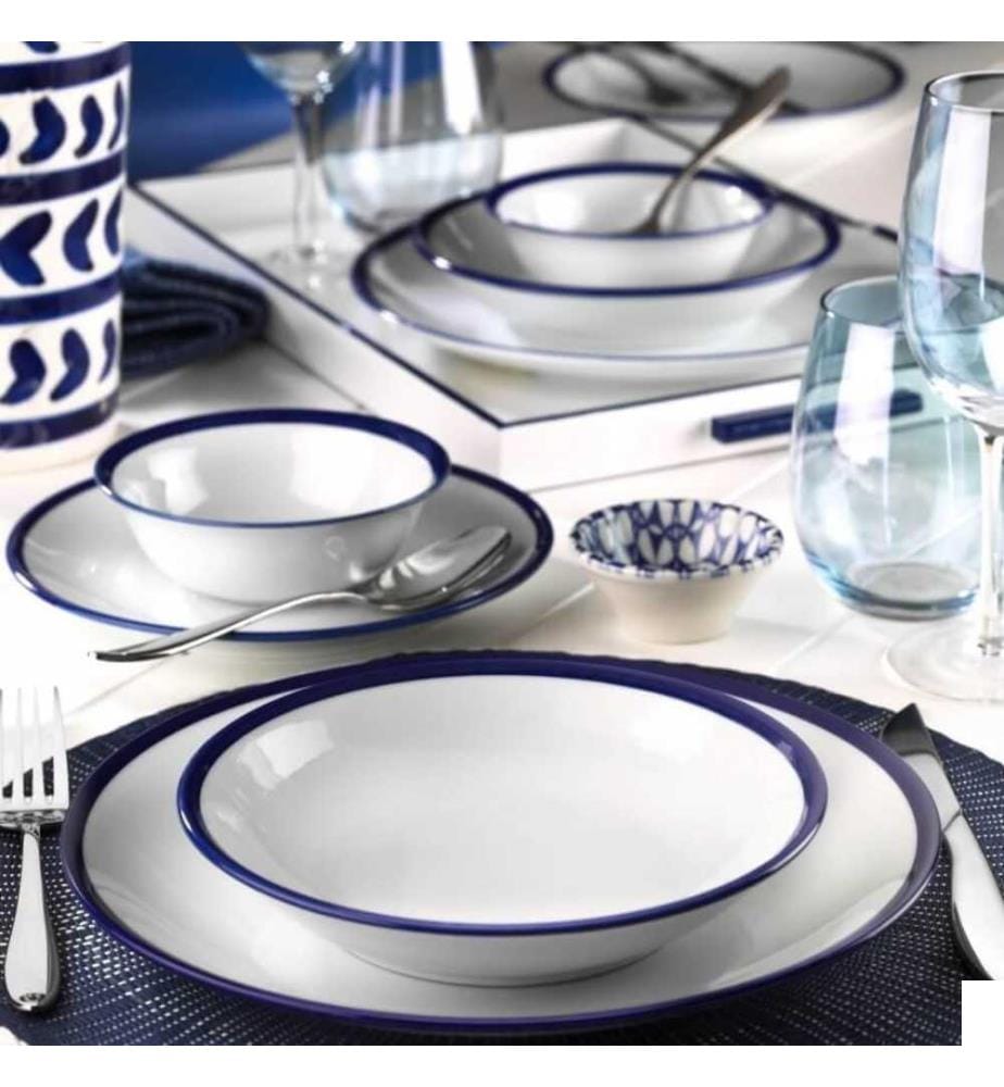 Service de table, 24 pièces, blanc, bleu foncé, porcelaine