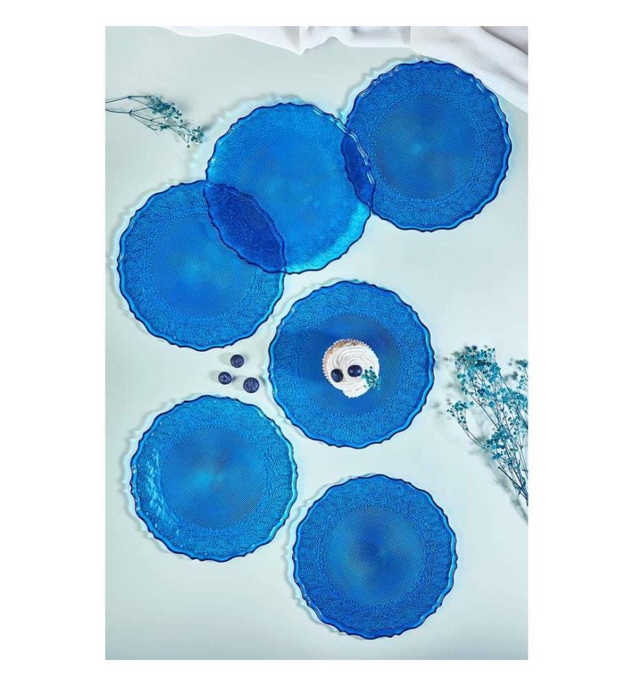Set d'assiettes à dessert, 6 pièces, bleu, 100% VERRE