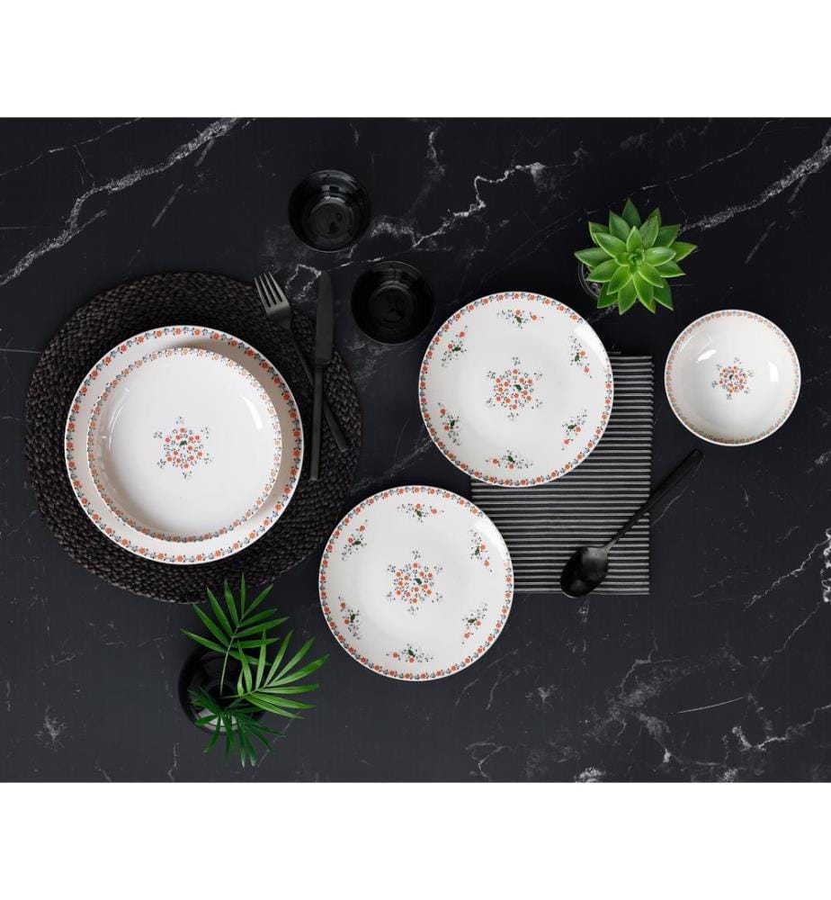 Service de table, 24 pièces, blanc, orange, vert, noir, 100% PORCELAINE