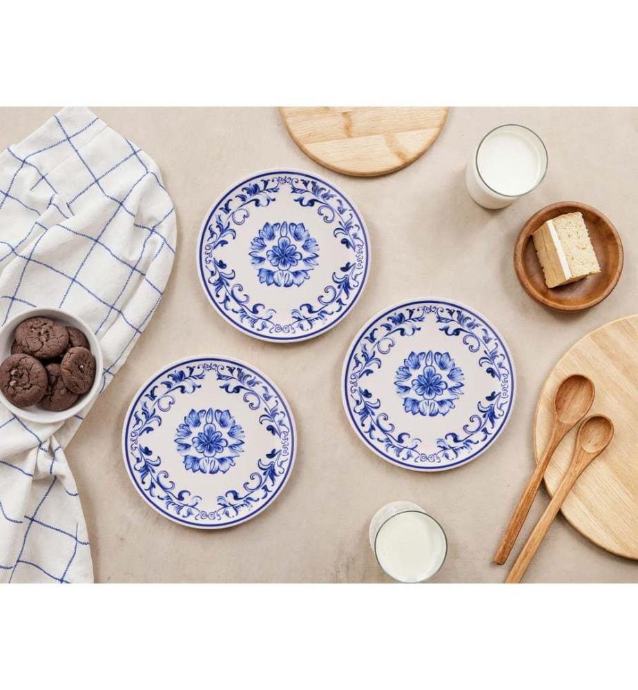 Set d'assiettes à dessert, 6 pièces, bleu, blanc, 100% CERAMIQUE