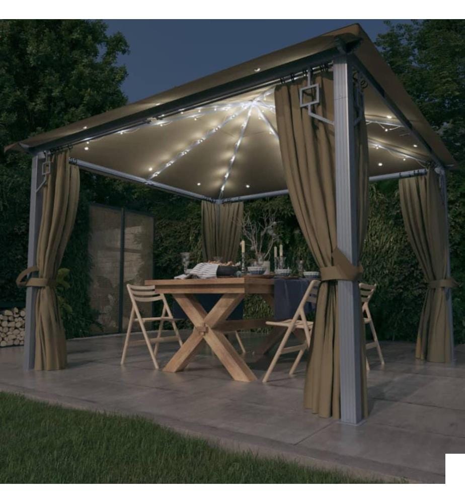 Tonnelle avec rideau et lumières LED 3x3 m Taupe Aluminium