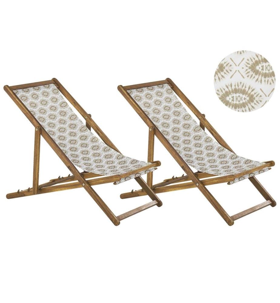 Lot de 2 chiliennes pliantes ANZIO avec tissus de remplacement Motif abstrait Acacia Marron clair