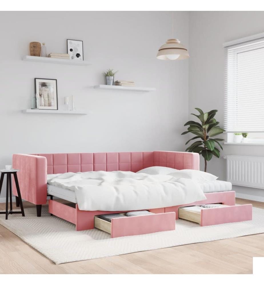 Lit de jour avec gigogne et tiroirs rose 90x200 cm velours