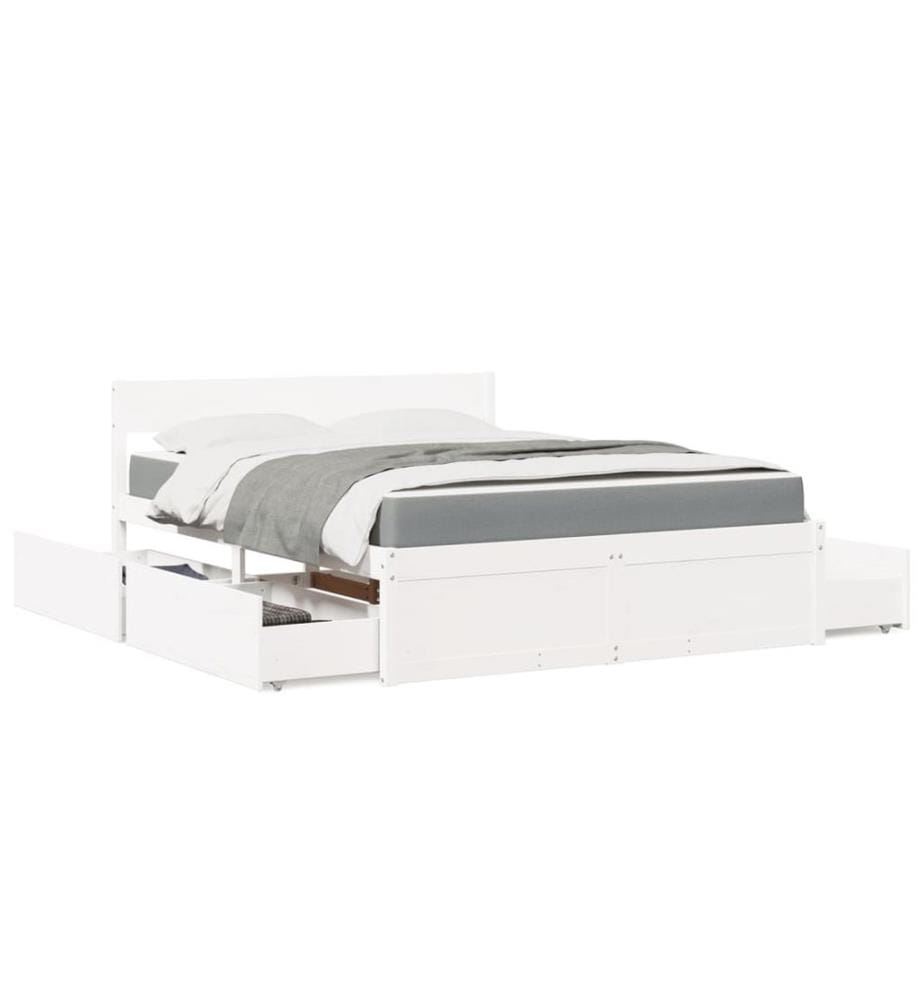 Lit avec tiroirs et matelas blanc 160x200 cm bois massif de pin