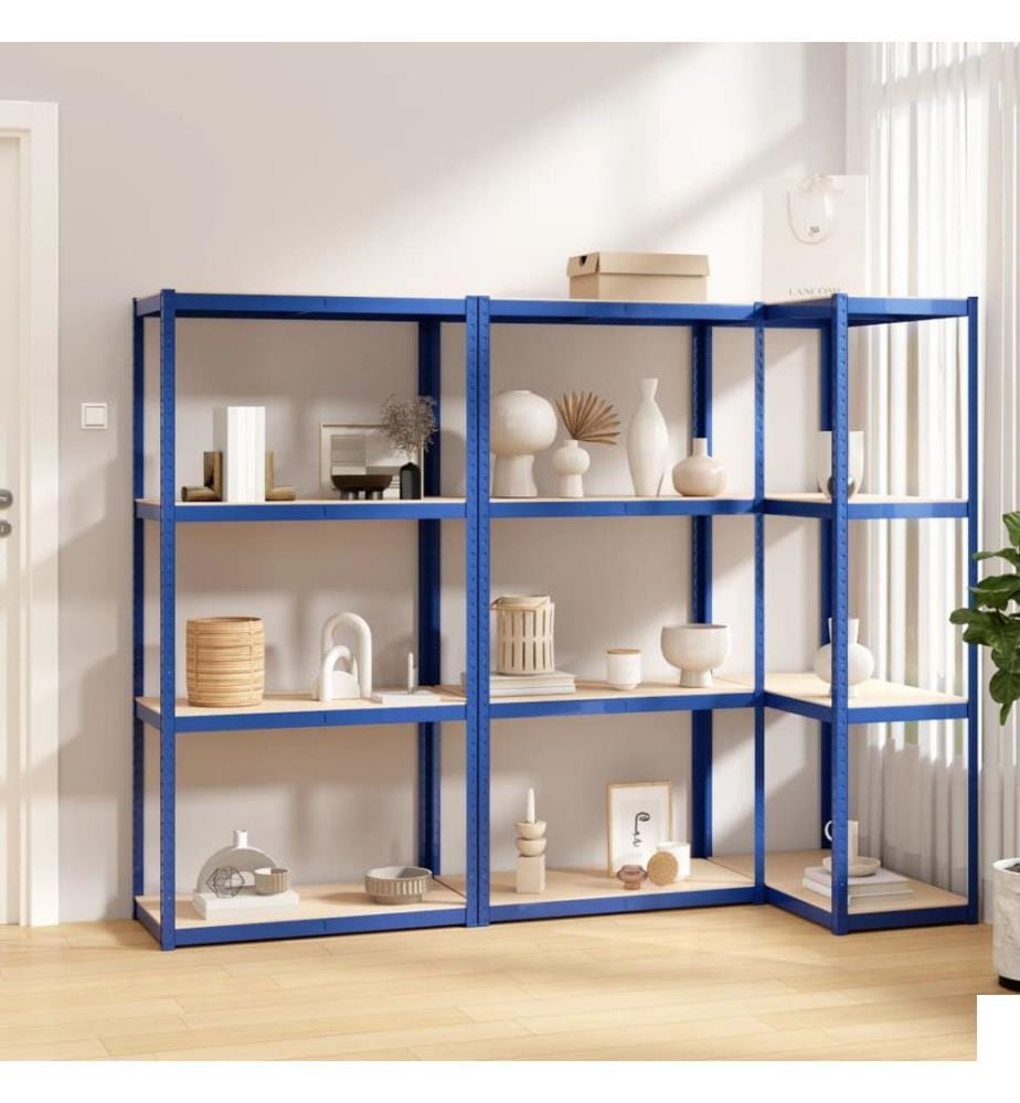 Étagères à 4 niveaux 3 pcs Bleu Acier et bois d'ingénierie