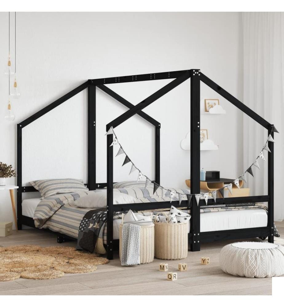 Cadre de lit pour enfants noir 2x(80x200) cm bois de pin massif