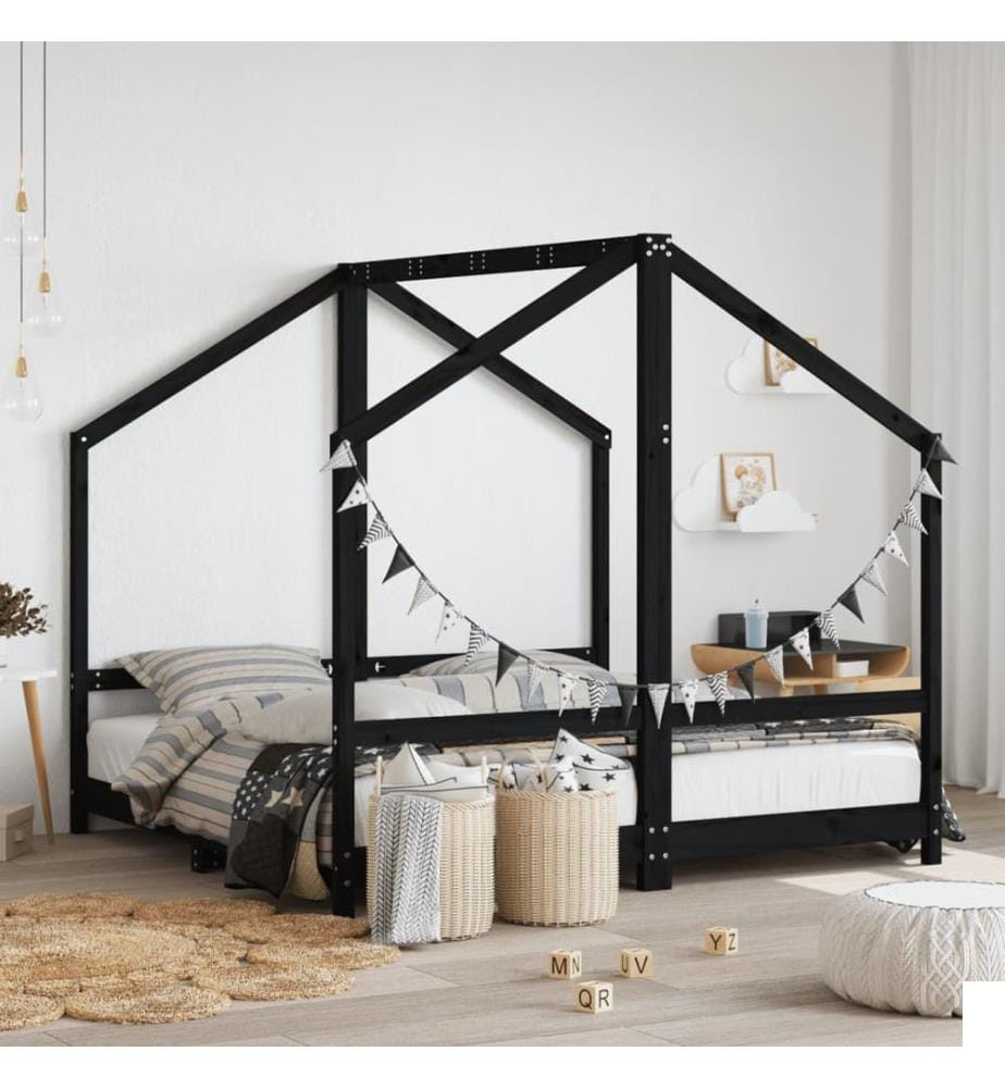Cadre de lit pour enfant noir 2x(80x160) cm bois de pin massif