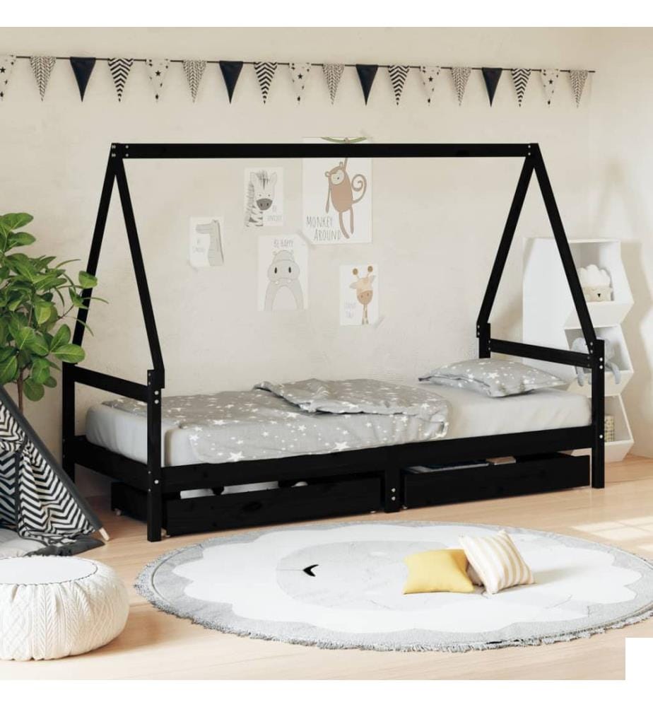 Cadre de lit enfant tiroirs noir 80x200 cm bois de pin massif
