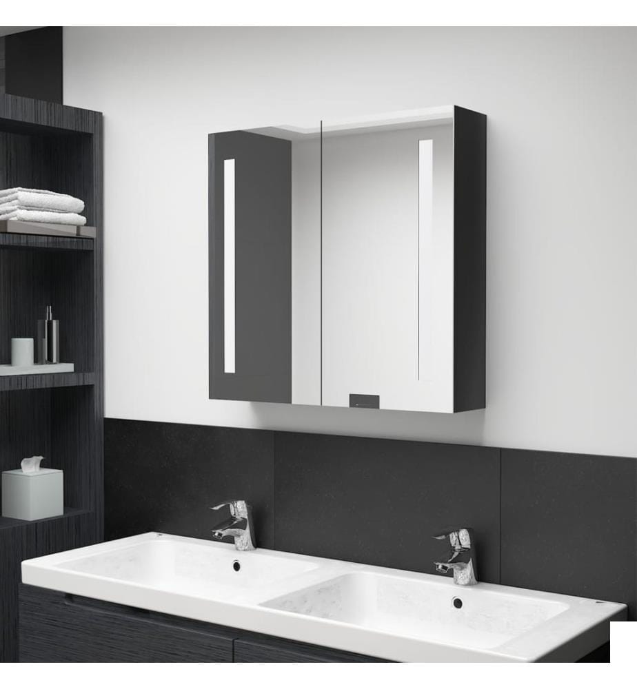 Armoire de salle de bain à miroir LED noir brillant 62x14x60 cm