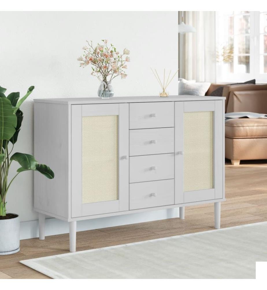 Buffet SENJA aspect rotin blanc 112x40x80cm bois massif de pin