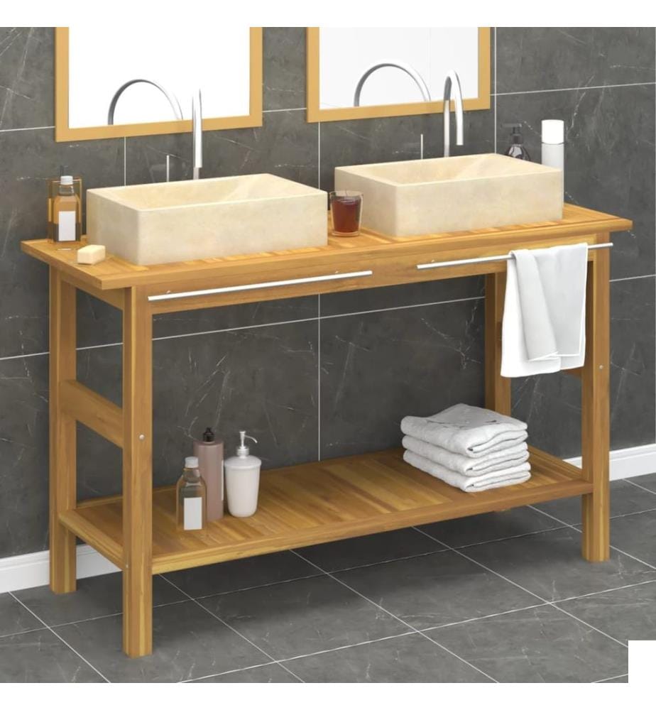 Armoire de salle de bain et lavabos en marbre crème Teck massif