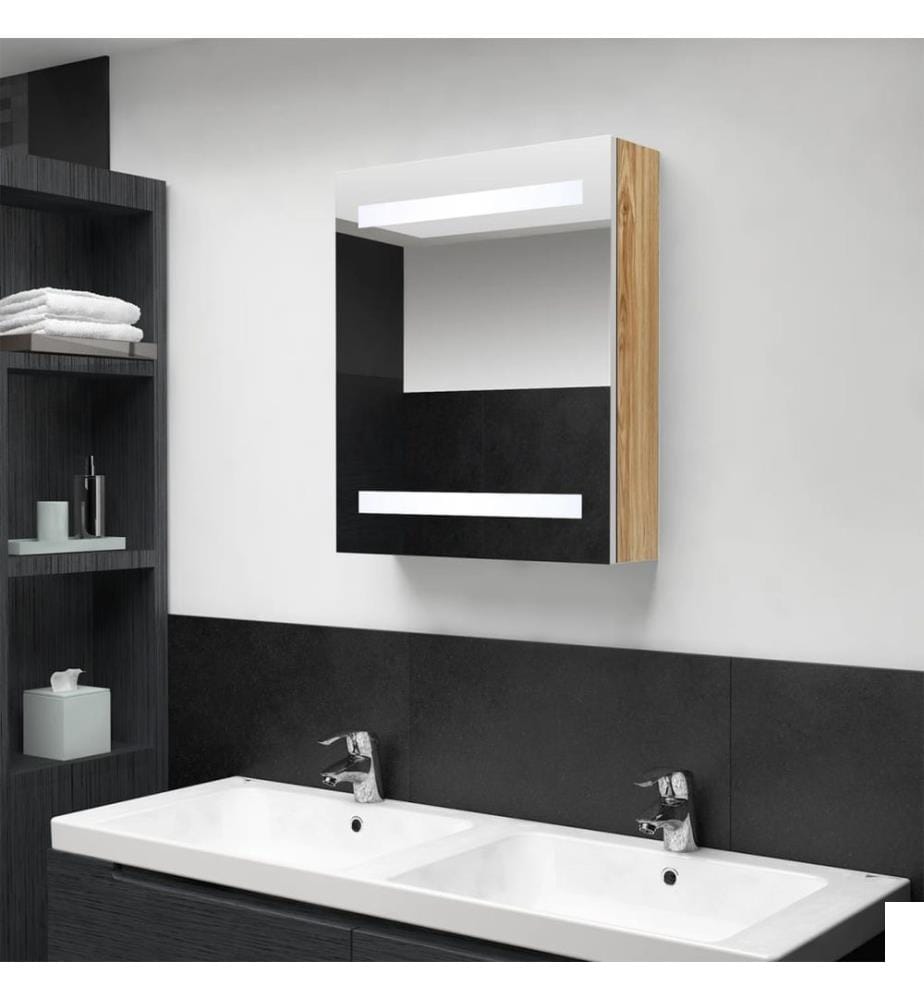 Armoire de salle de bain à miroir à LED blanc et chêne