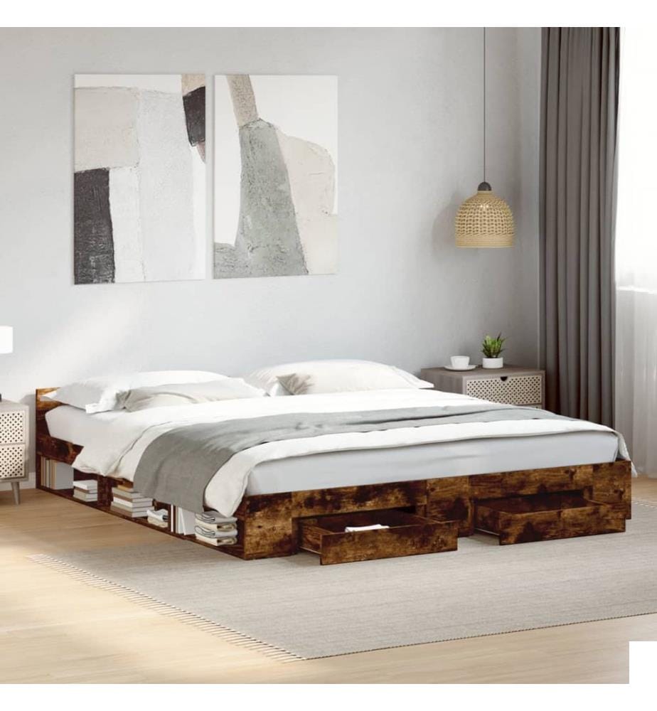 Cadre de lit avec tiroirs sans matelas chêne fumé 200x200 cm