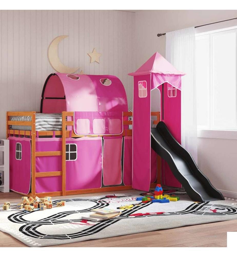 Lit superposé sans matelas avec toboggan et rideaux 80x200 cm