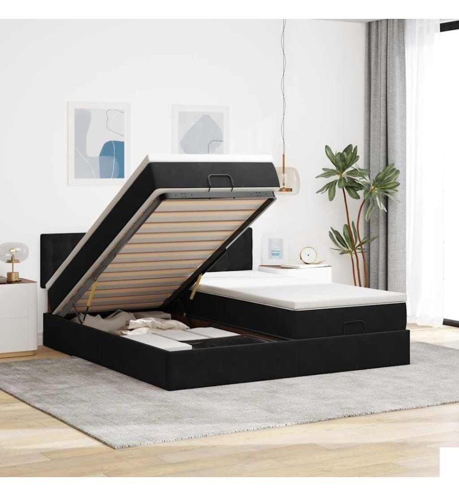 Cadre de lit ottoman avec matelas noir 200x200cm velours