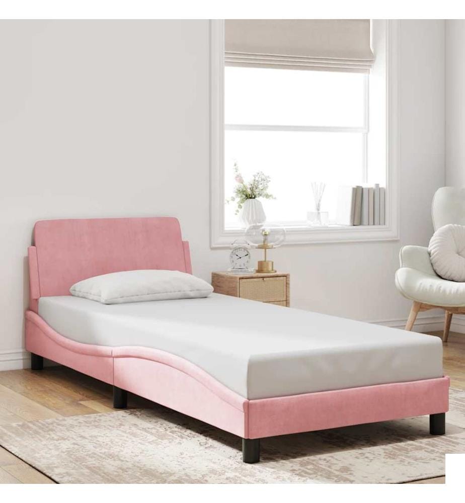 Cadre de lit avec tête de lit Dover rose 90x200 cm velours