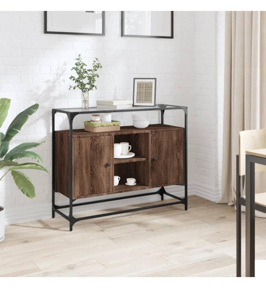 Buffet avec dessus en verre chêne marron bois d'ingénierie