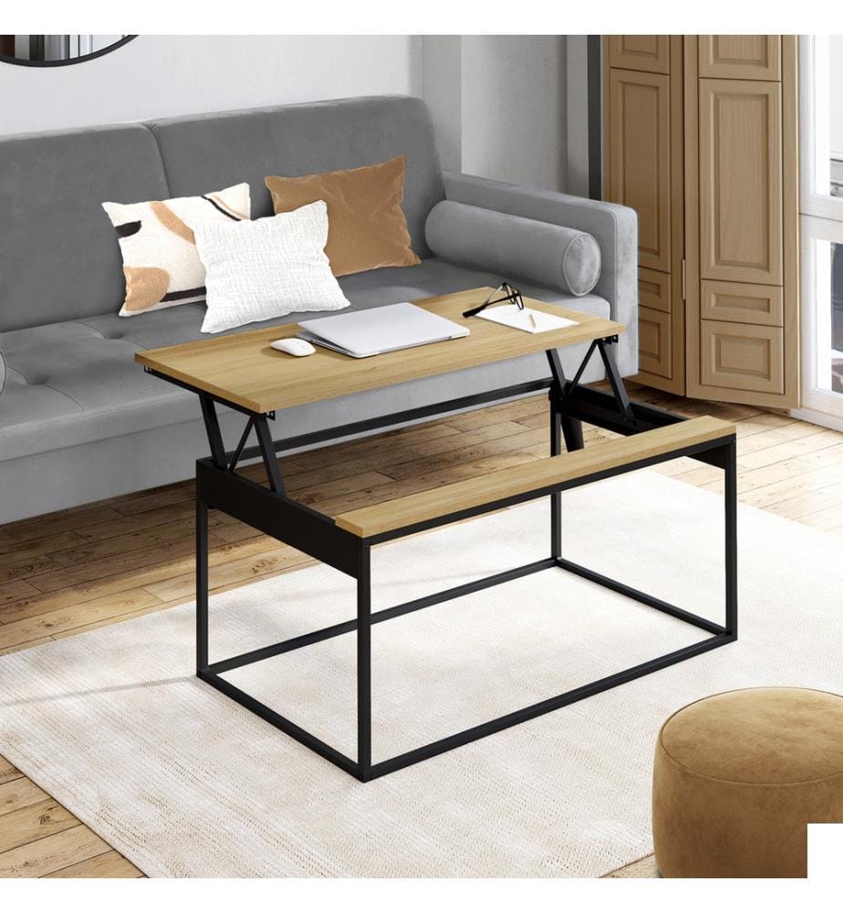 Table basse Memphis avec plateau relevable bois et pieds noirs L90cm