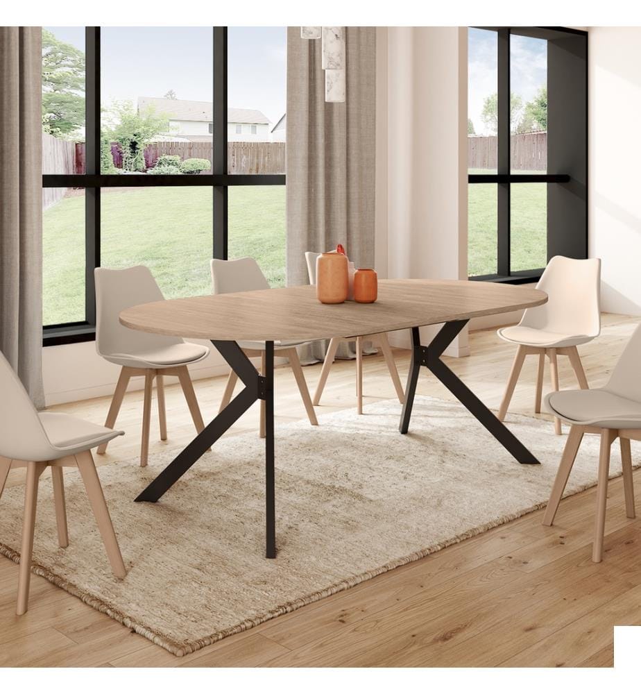 Table repas extensible Spider 110-200cm plateau rond bois - Brun et Noir