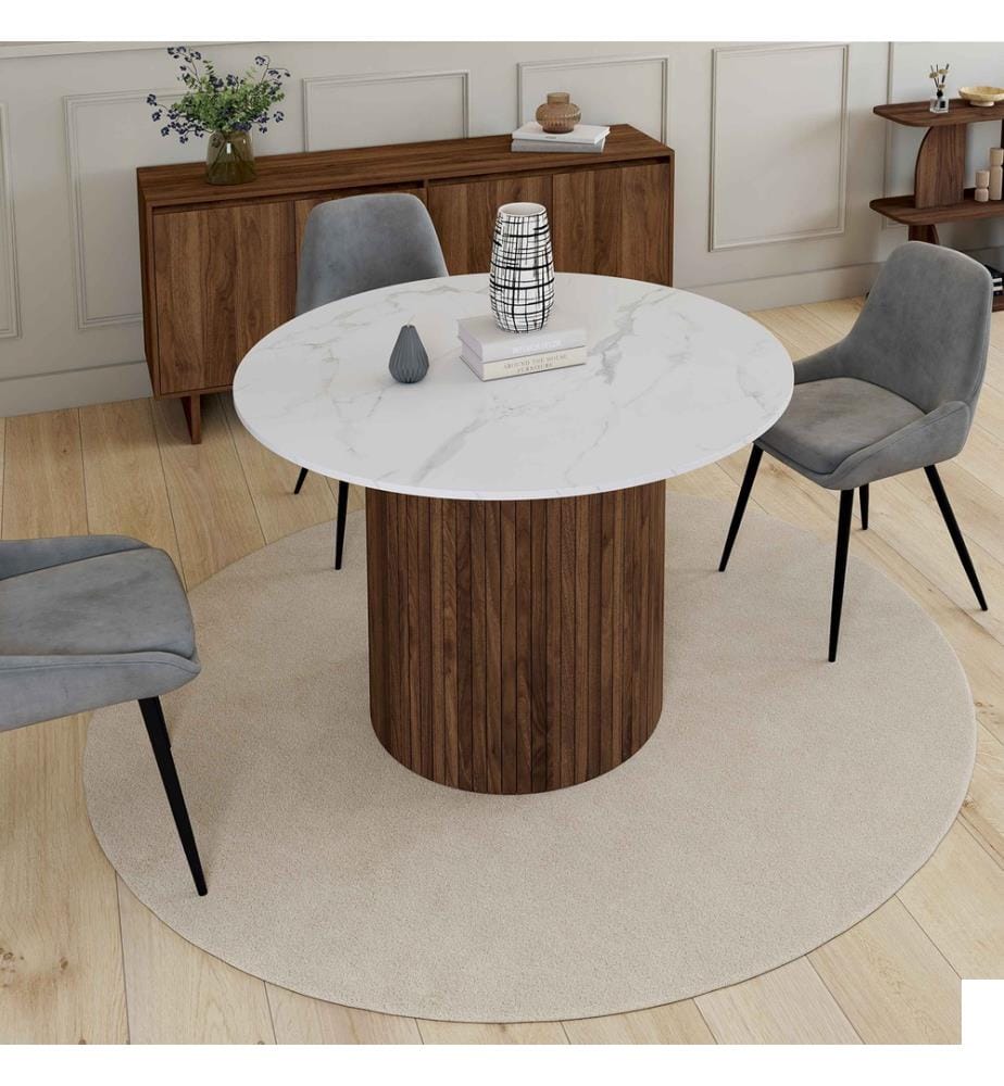 Table à manger ronde Alvar - Effet marbre blanc et Brun effet noyer