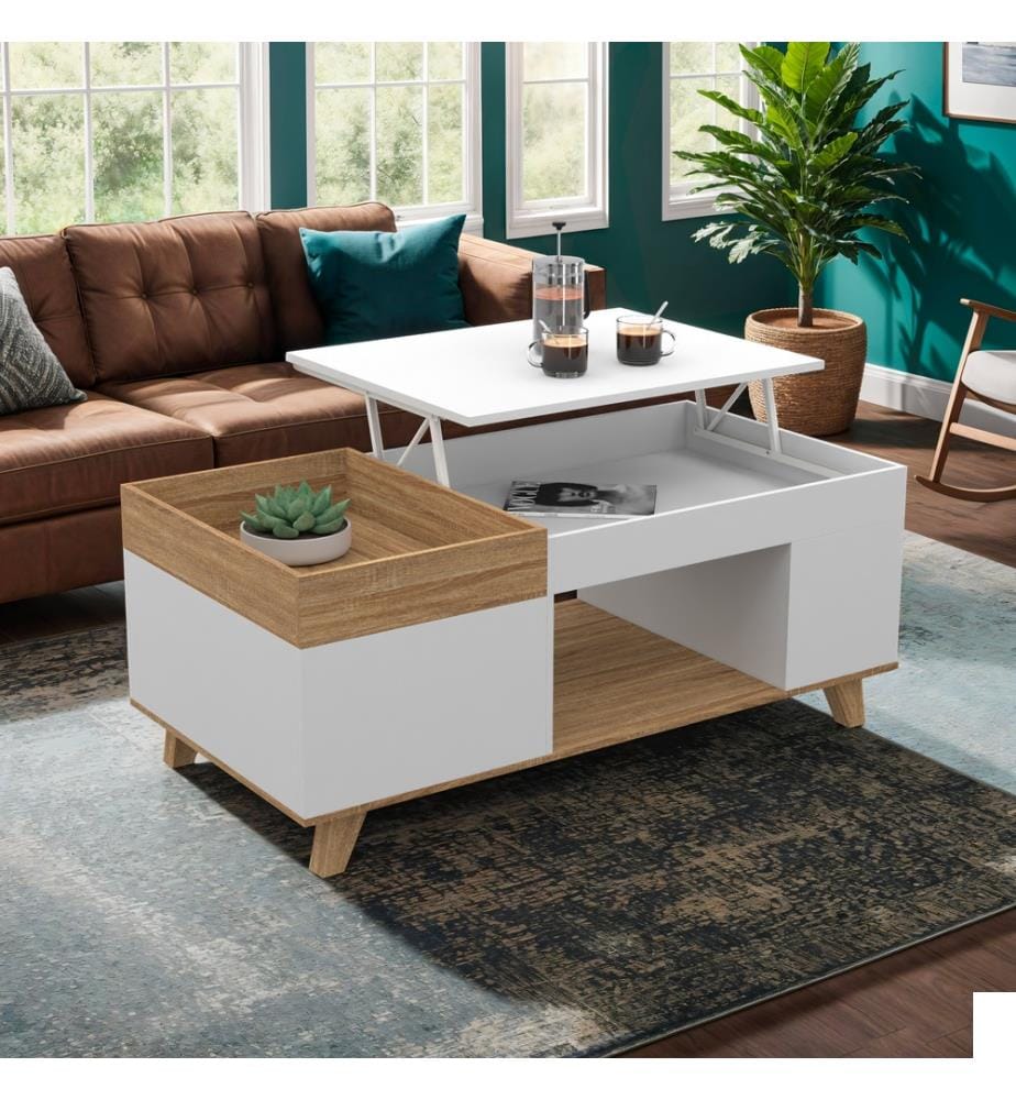 Table Basse Stella avec plateau relevable et double coffre - Brun et blanc