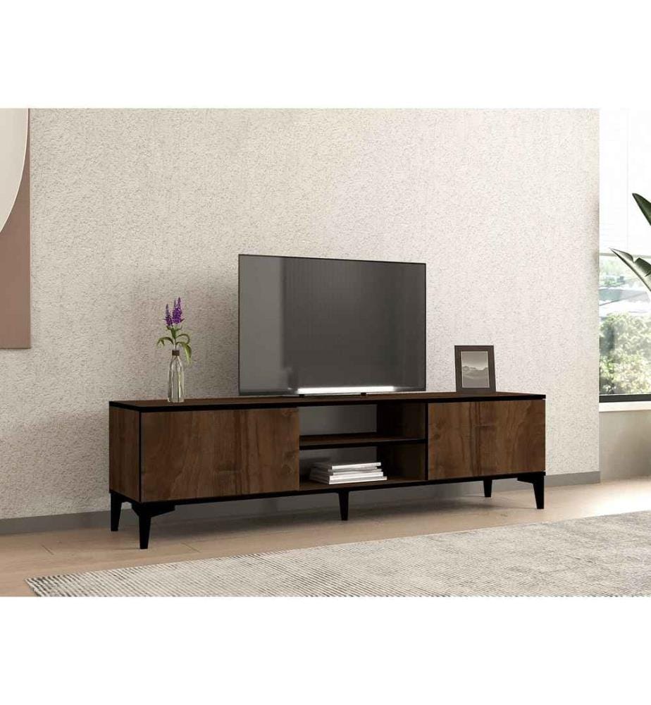 Meuble TV, noyer, noir, panneau de particules mélaminé