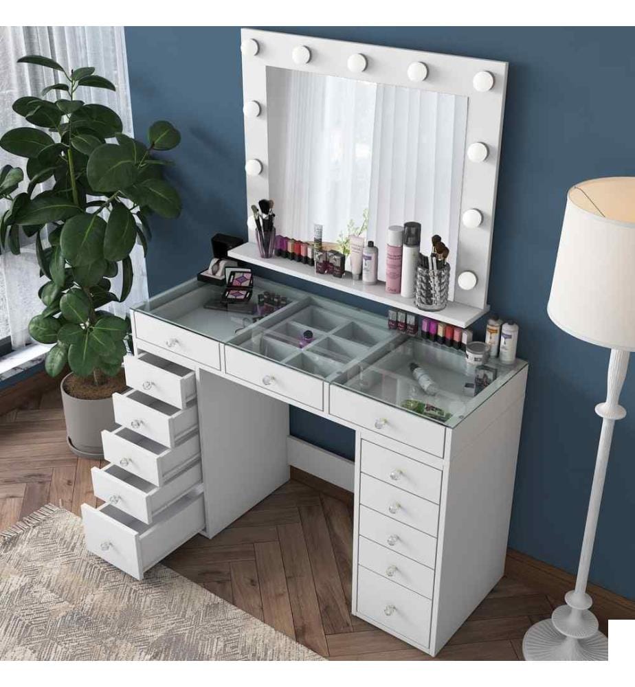 Table de maquillage, blanc, panneau de particules mélaminé de qualité E1