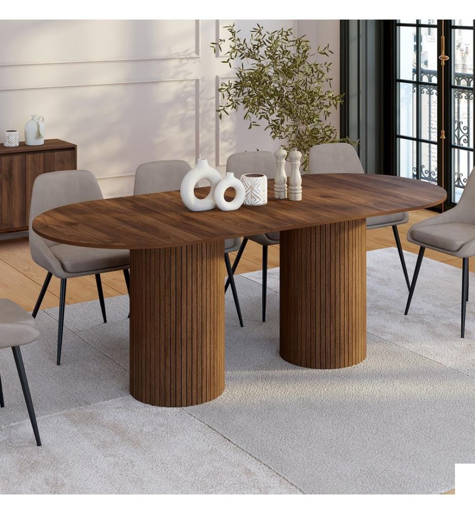 Table à manger extensible Albane 160-200cm 2 pieds pylône - Brun foncé