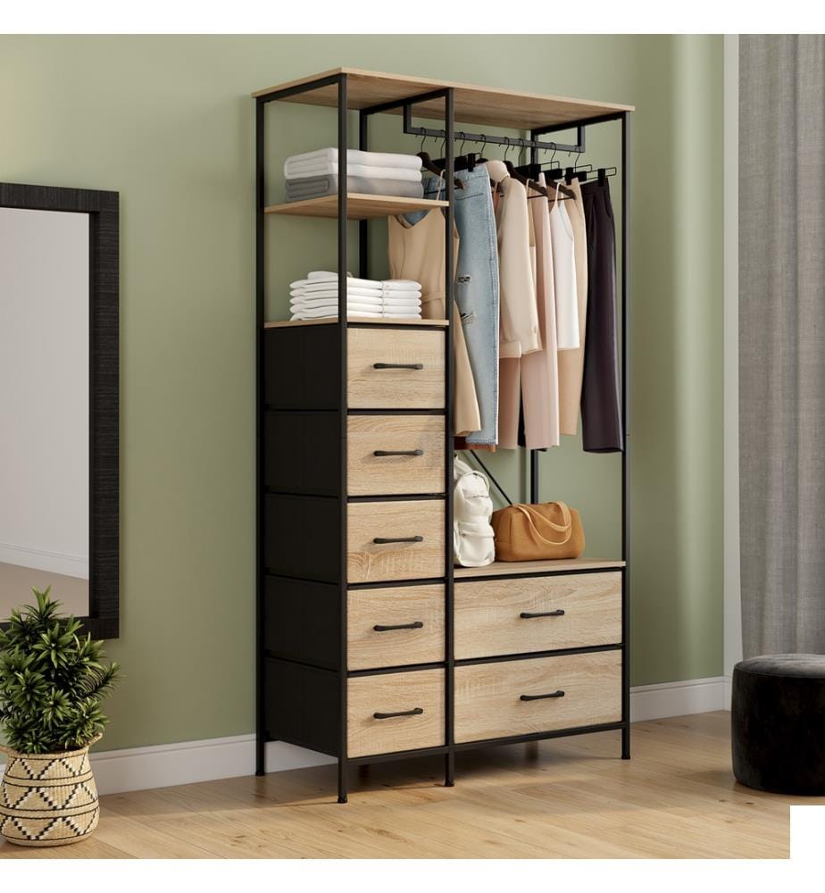 Dressing Iris penderie et 7 tiroirs bois et noir