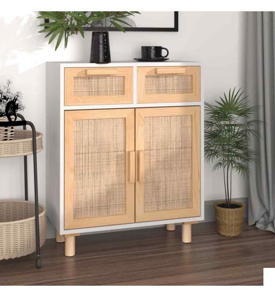 Buffet Blanc 60x30x75 cm Bois de pin massif et rotin naturel