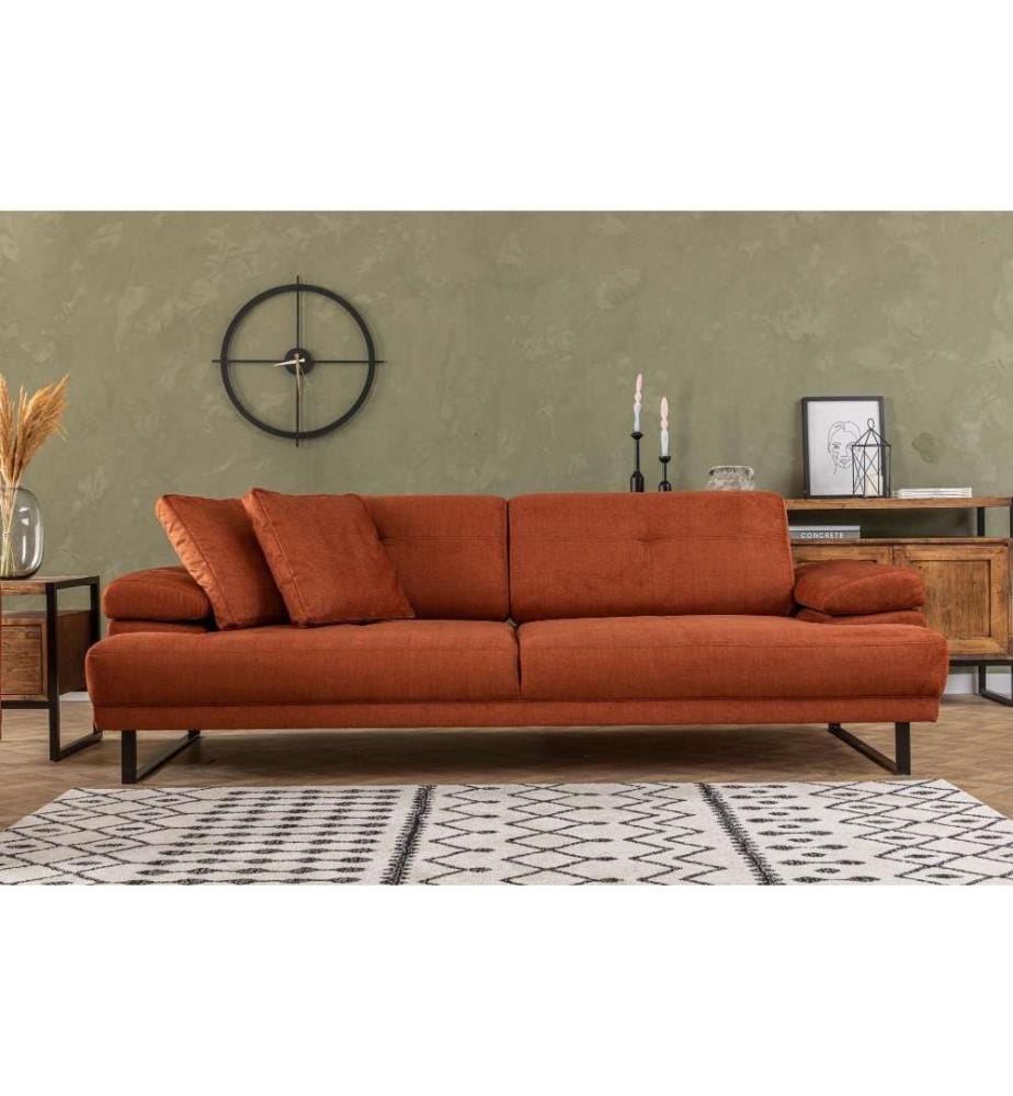 Canapé-lit 3 places, orange, cadre en hêtre - aggloméré, tissu polyester
